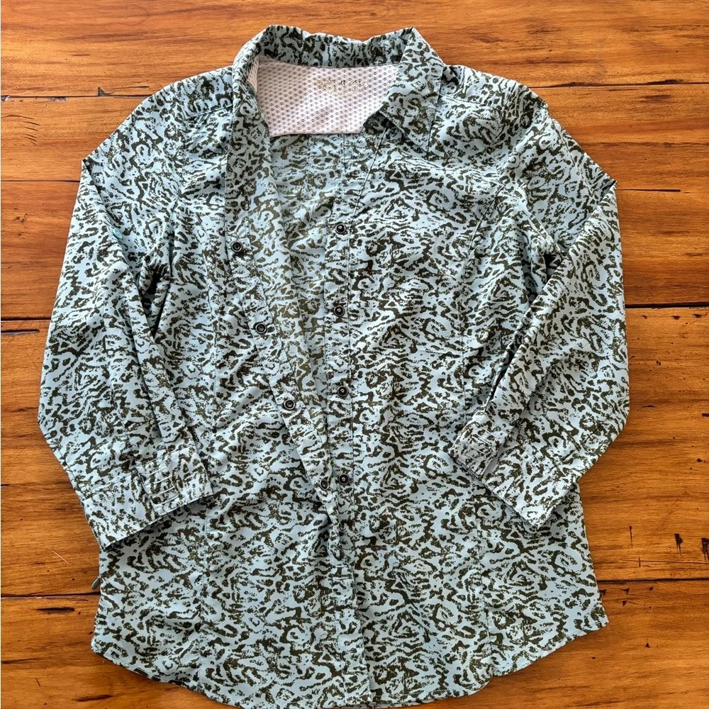 Royal Robbins Green Blue Button Down Shirt 3/4 Sleeve Fitted